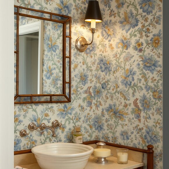 1970s Vintage Blue Floral Paisley Motif Wallpaper - Picture 8 of 9